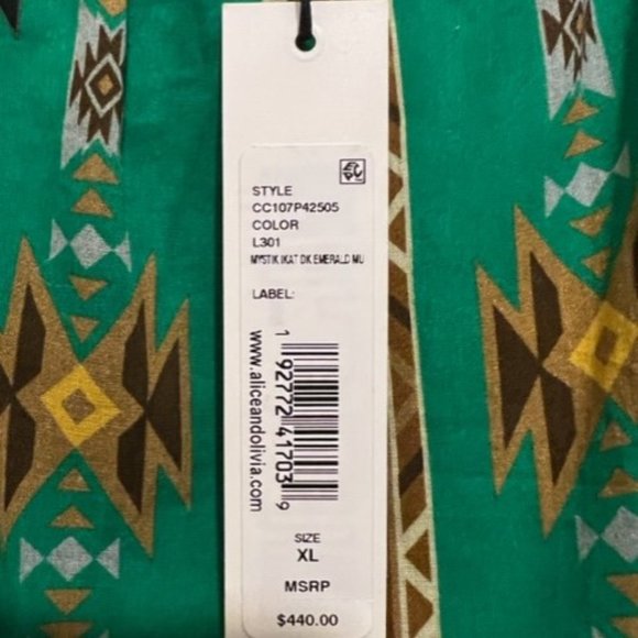 Alice & Olivia Rowen Midi Dress Mystik Ikat Print Green Emerald Batik Belted XL - Picture 4 of 4